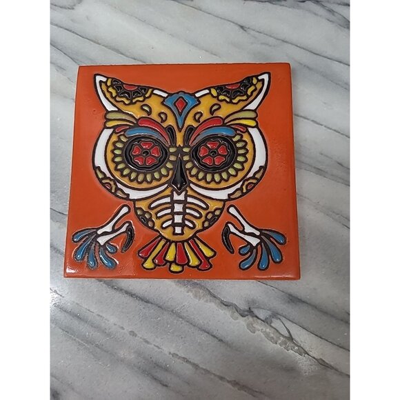 Earthtones Day of the Dead Owl Tile Trivet Hand Glazed Ceramic Art Decor 4.25" - Picture 2 of 6